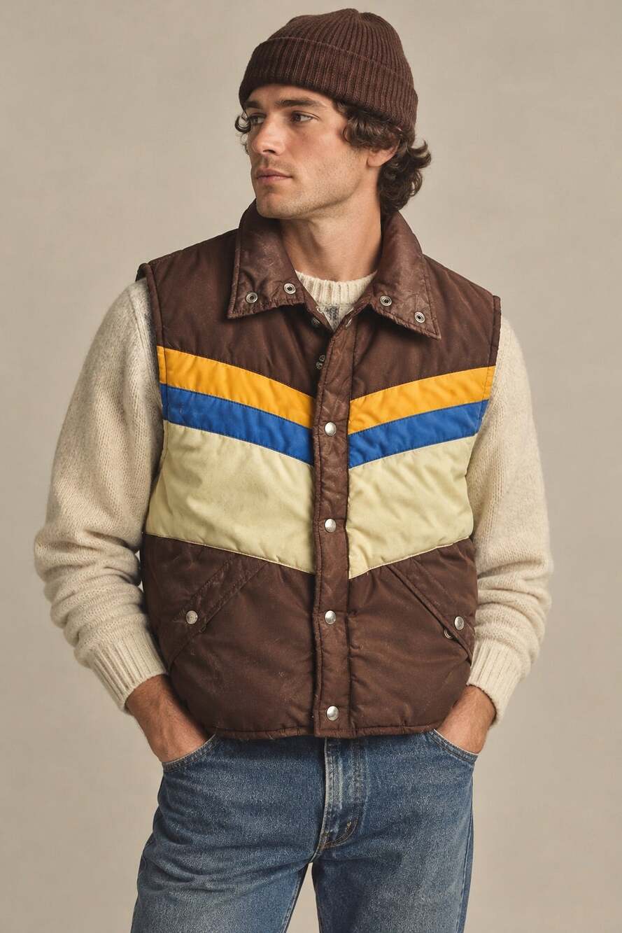 Vintage Field & Stream Colorblock Puffer Vest Brown Blue Yellow Small